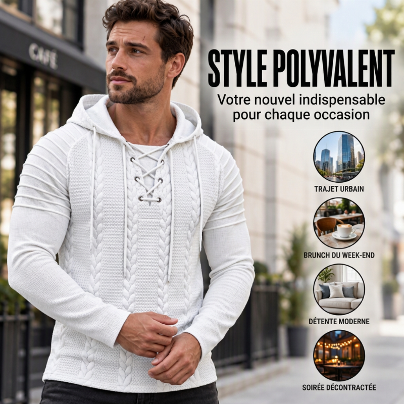 Pull à capuche pour homme, épaules texturées et plissées