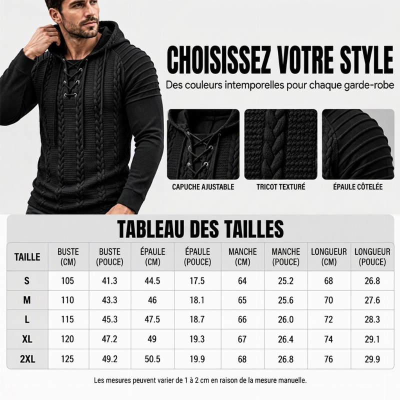 Pull à capuche pour homme, épaules texturées et plissées