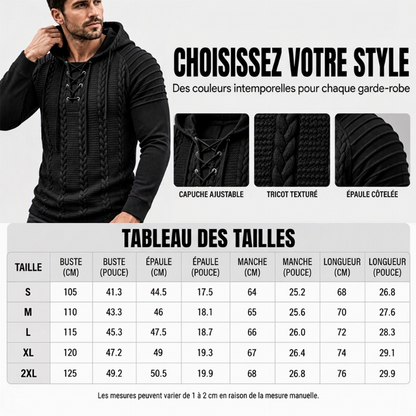 Pull à capuche pour homme, épaules texturées et plissées