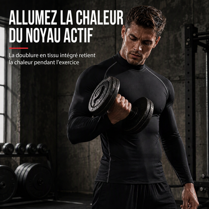 T-shirt à manches longues de compression doublé en tissu thermique d'hiver pour hommes, col haut, couche de base pour la course à pied et l'entraînement sportif