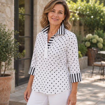 Chemisier femme à pois avec col rayé