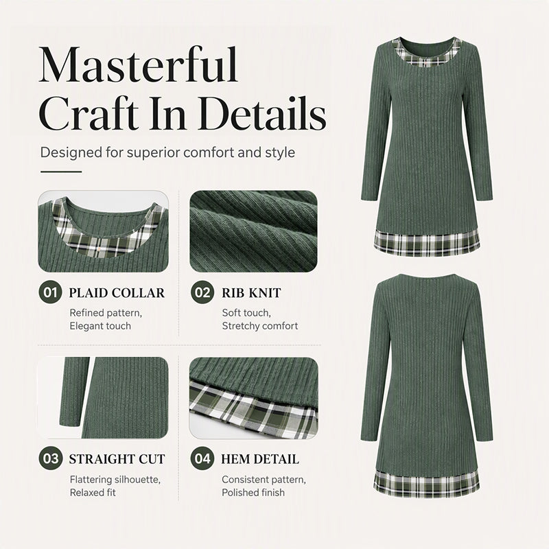 Robe décontractée en maille à carreaux et patchwork pour femme