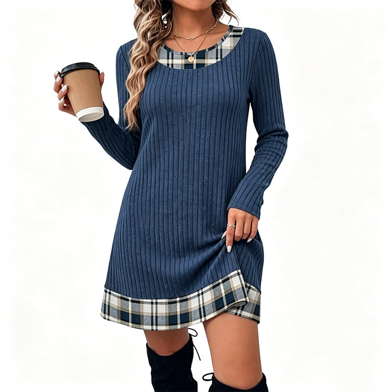Robe décontractée en maille à carreaux et patchwork pour femme
