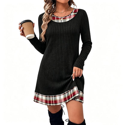 Robe décontractée en maille à carreaux et patchwork pour femme