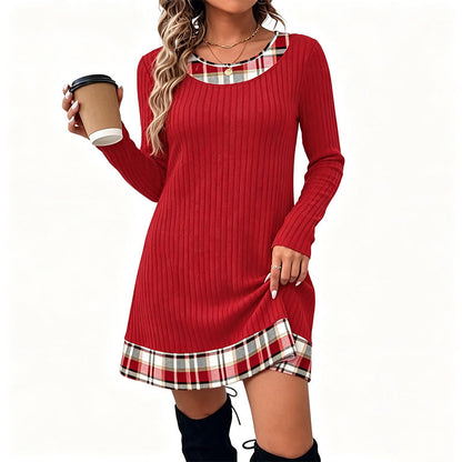 Robe décontractée en maille à carreaux et patchwork pour femme
