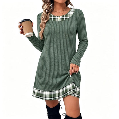 Robe décontractée en maille à carreaux et patchwork pour femme