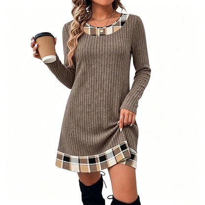 Robe décontractée en maille à carreaux et patchwork pour femme