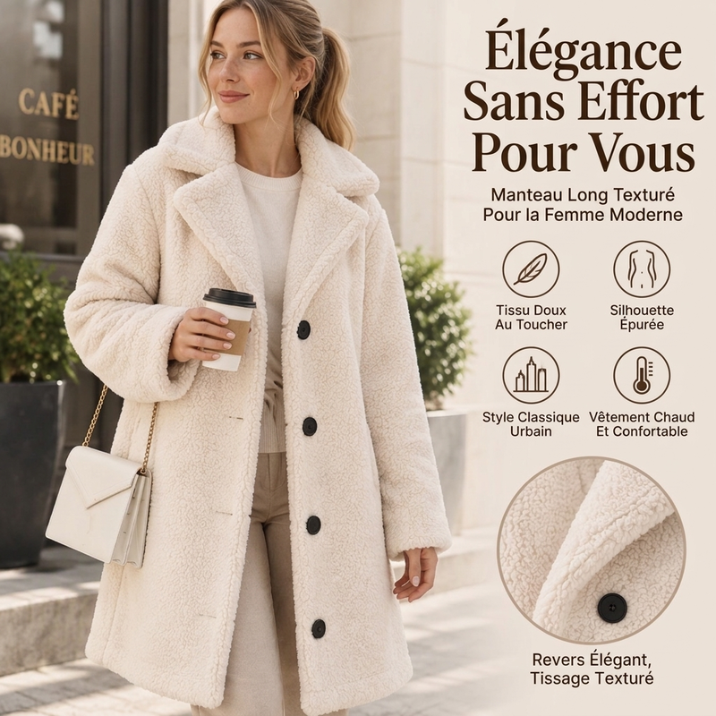 🧥 Doux et chic | Manteau d’hiver pelucheux pour femme à col tailleur et boutons pression