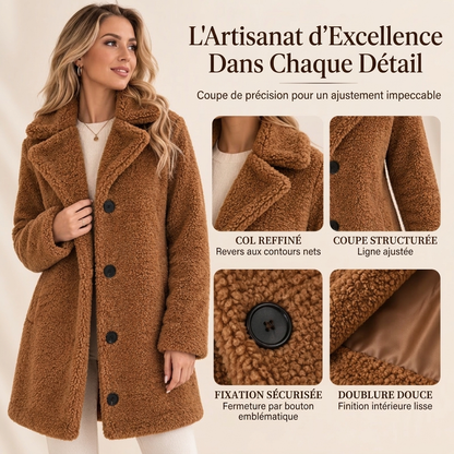 🧥 Doux et chic | Manteau d’hiver pelucheux pour femme à col tailleur et boutons pression