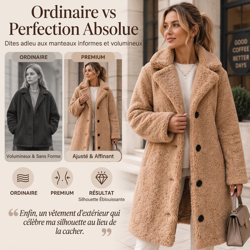 🧥 Doux et chic | Manteau d’hiver pelucheux pour femme à col tailleur et boutons pression