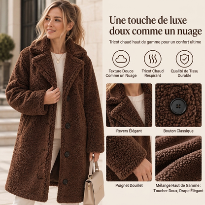 🧥 Doux et chic | Manteau d’hiver pelucheux pour femme à col tailleur et boutons pression