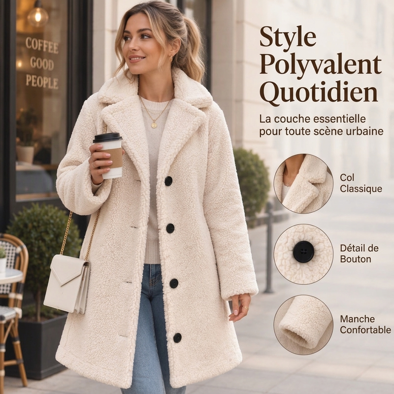 🧥 Doux et chic | Manteau d’hiver pelucheux pour femme à col tailleur et boutons pression