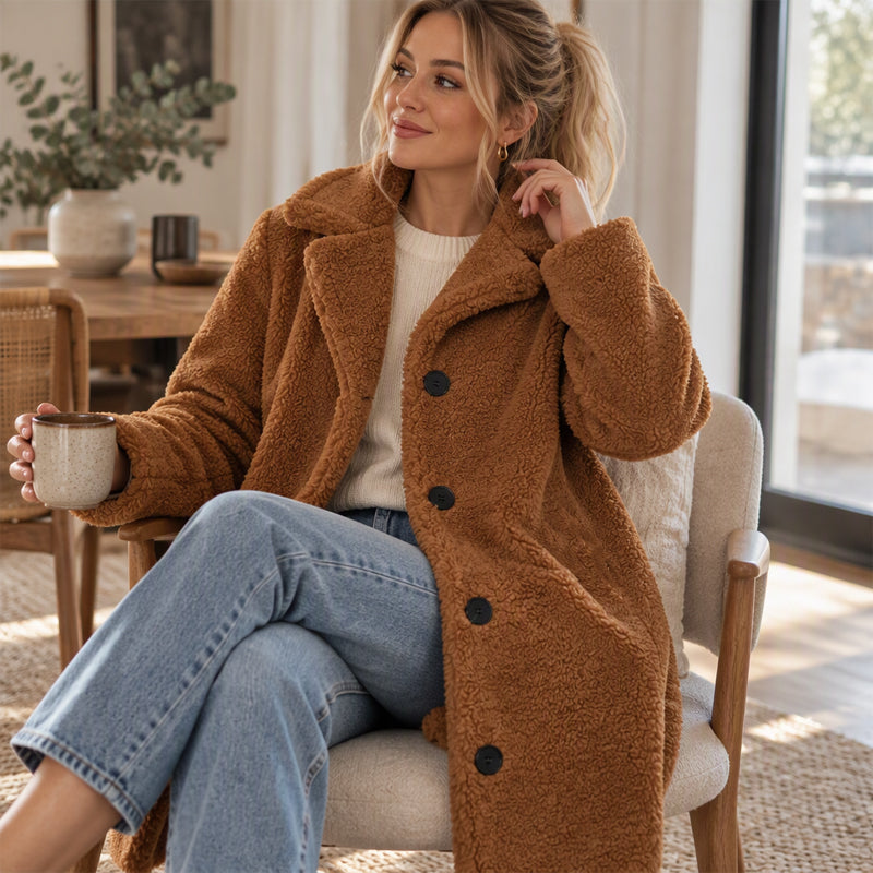 🧥 Doux et chic | Manteau d’hiver pelucheux pour femme à col tailleur et boutons pression