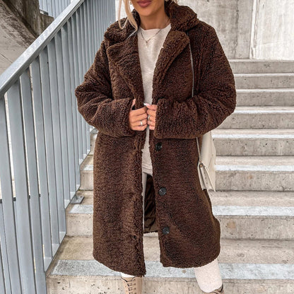 🧥 Doux et chic | Manteau d’hiver pelucheux pour femme à col tailleur et boutons pression
