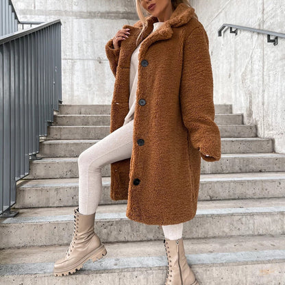 🧥 Doux et chic | Manteau d’hiver pelucheux pour femme à col tailleur et boutons pression