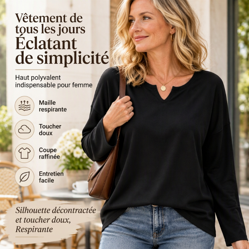 ✨ Haut décontracté à manches longues pour femme, col V à encoche élégant 🧶