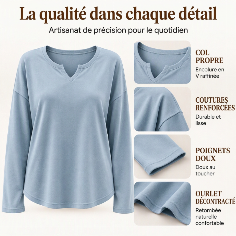 ✨ Haut décontracté à manches longues pour femme, col V à encoche élégant 🧶