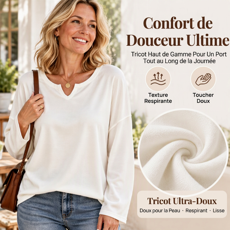 ✨ Haut décontracté à manches longues pour femme, col V à encoche élégant 🧶