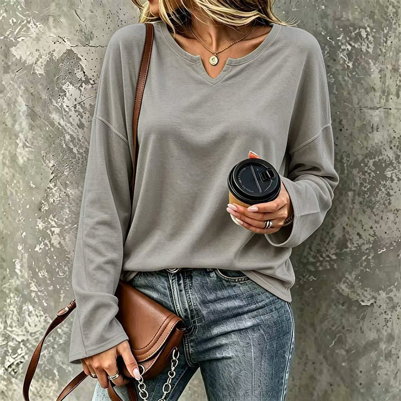 ✨ Haut décontracté à manches longues pour femme, col V à encoche élégant 🧶