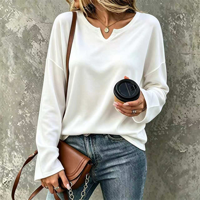 ✨ Haut décontracté à manches longues pour femme, col V à encoche élégant 🧶