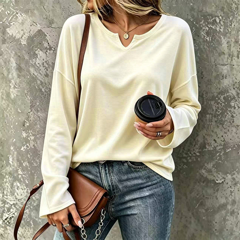 ✨ Haut décontracté à manches longues pour femme, col V à encoche élégant 🧶