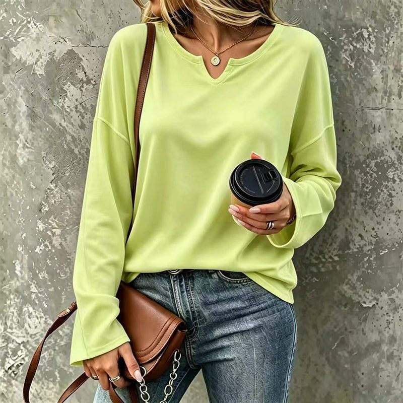 ✨ Haut décontracté à manches longues pour femme, col V à encoche élégant 🧶