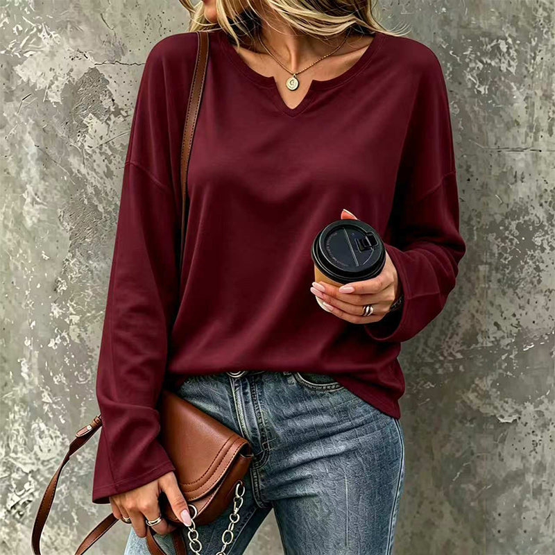 ✨ Haut décontracté à manches longues pour femme, col V à encoche élégant 🧶