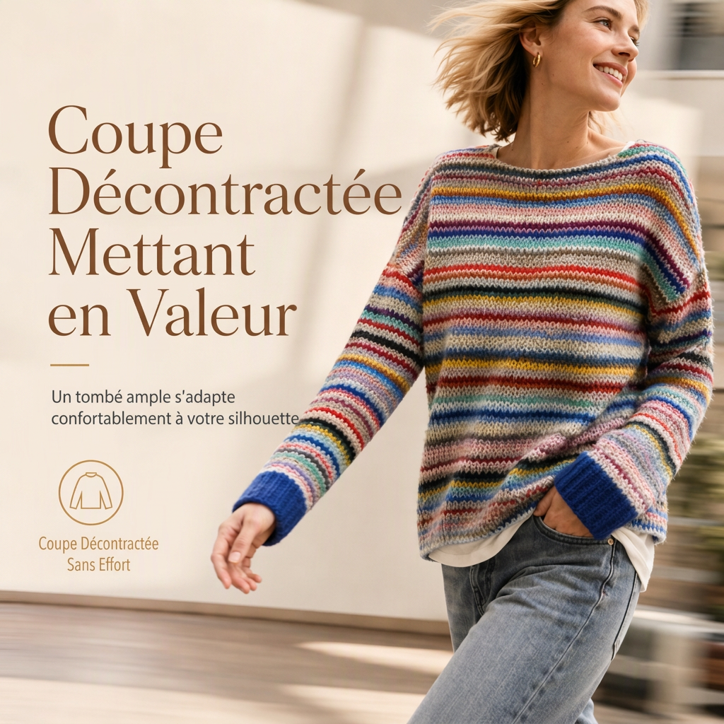 🧶 Pull en maille oversize à col rond et à blocs de couleurs pour femme, tendance et confortable ✨