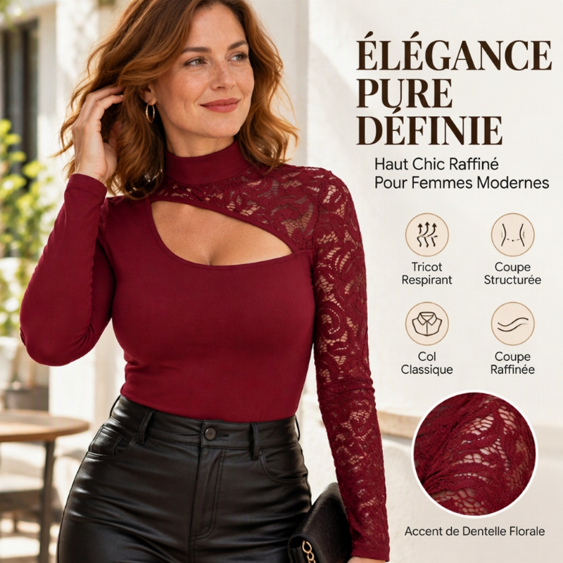 ✨ Haut en dentelle chic pour femme, avec découpe asymétrique élégante 🤍