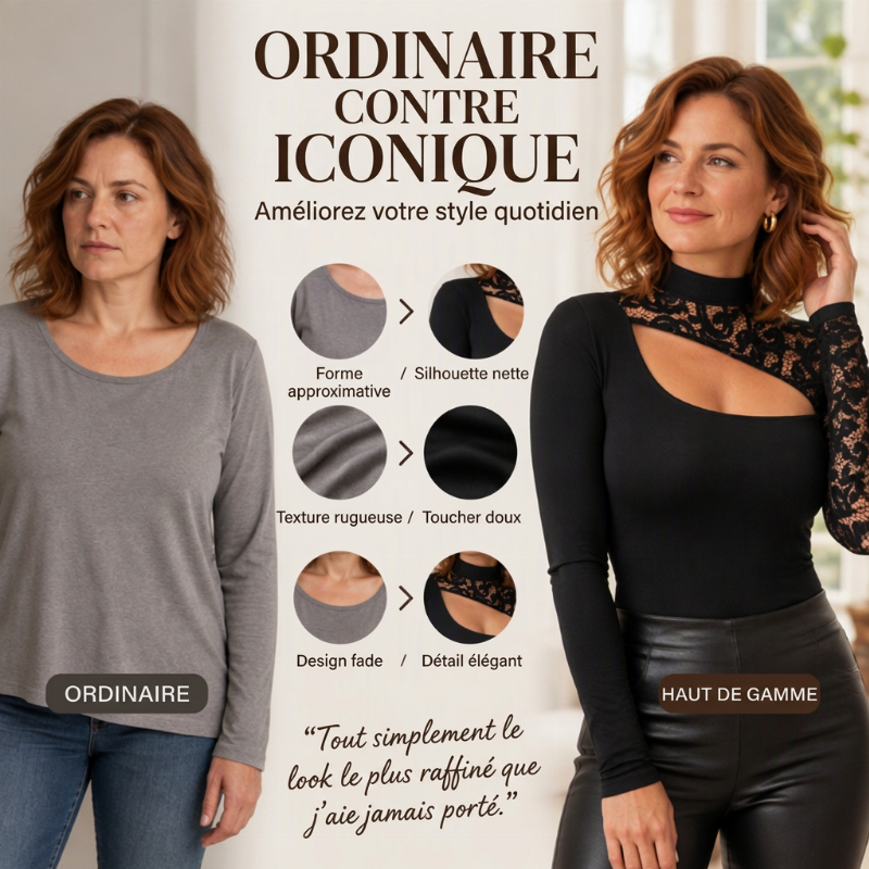 ✨ Haut en dentelle chic pour femme, avec découpe asymétrique élégante 🤍
