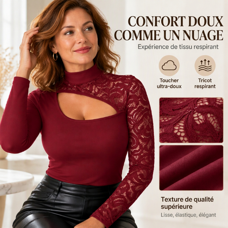 ✨ Haut en dentelle chic pour femme, avec découpe asymétrique élégante 🤍