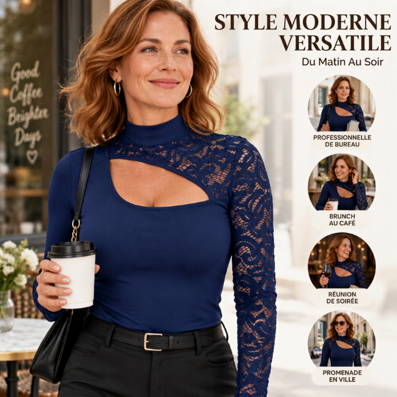✨ Haut en dentelle chic pour femme, avec découpe asymétrique élégante 🤍