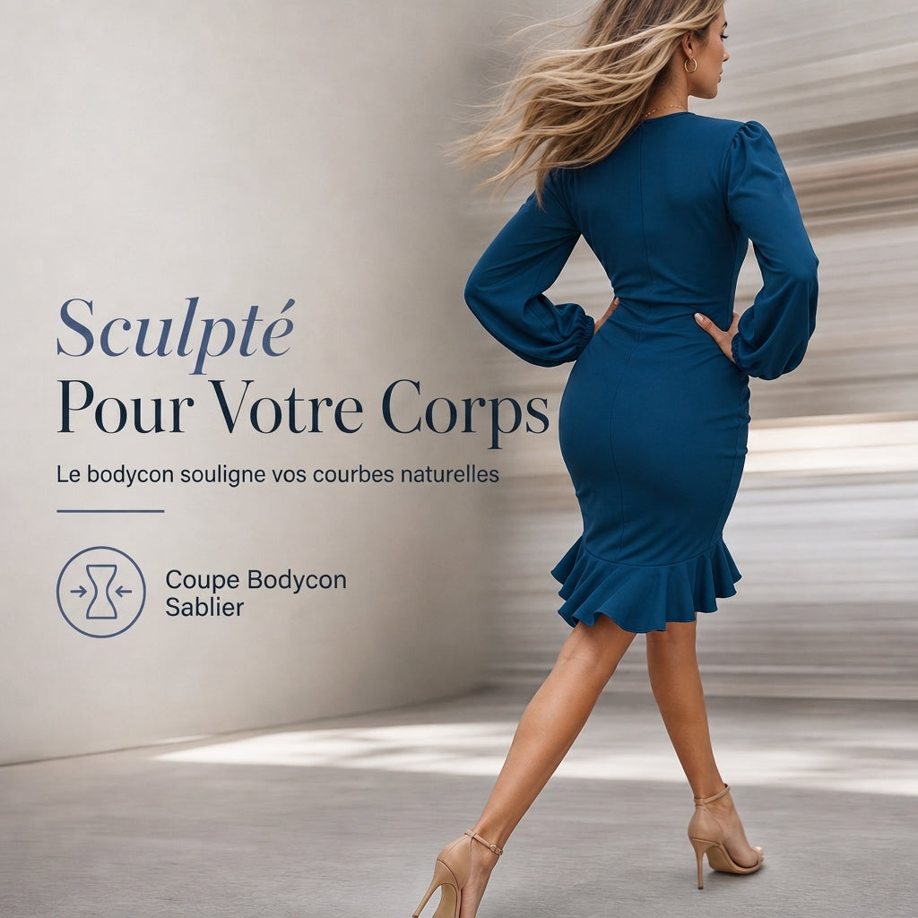 ✨ Robe bodycon unie à manches bouffantes pour femme, ajustée et féminine 💃