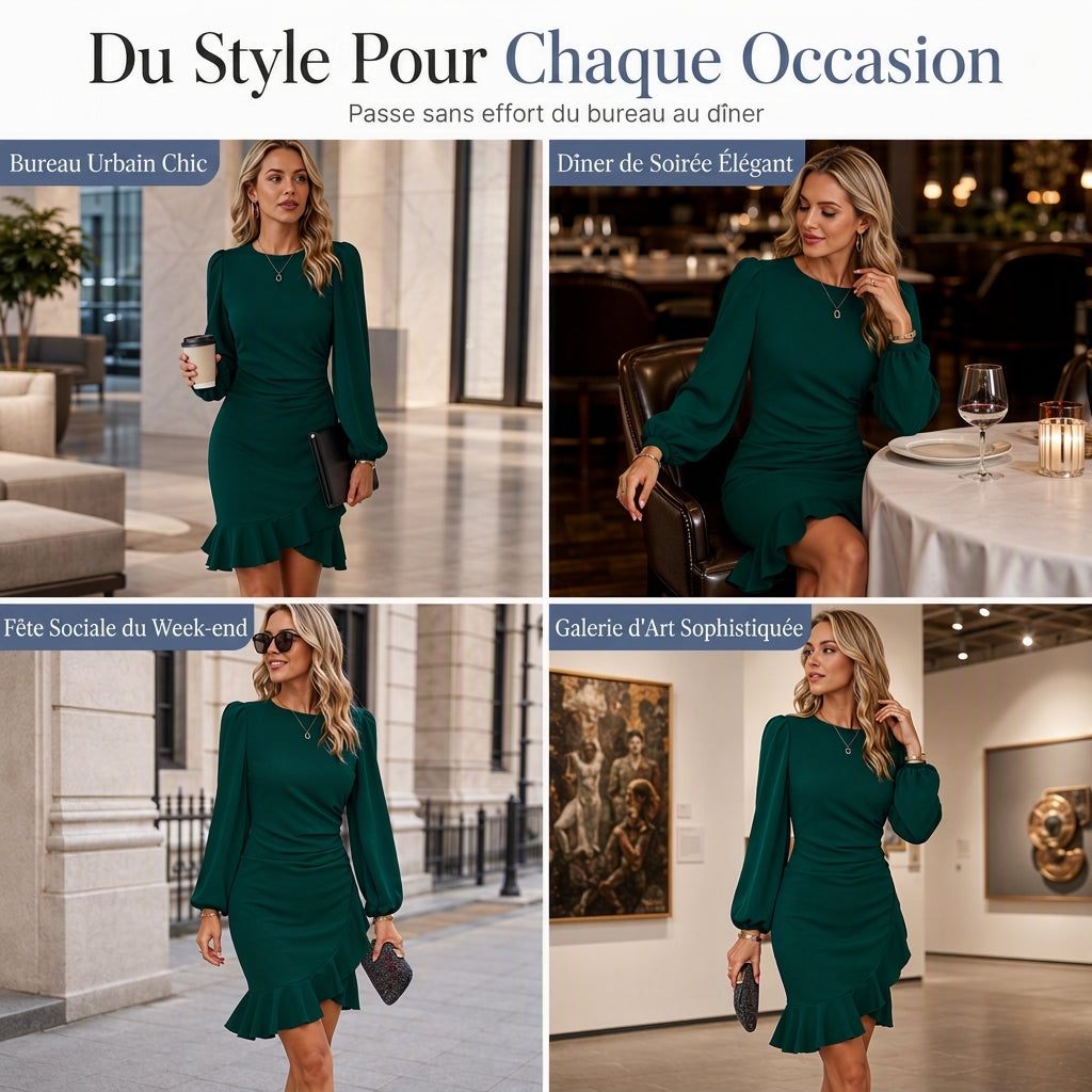 ✨ Robe bodycon unie à manches bouffantes pour femme, ajustée et féminine 💃
