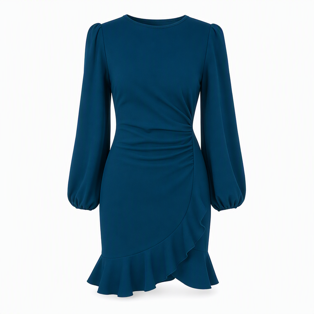 ✨ Robe bodycon unie à manches bouffantes pour femme, ajustée et féminine 💃