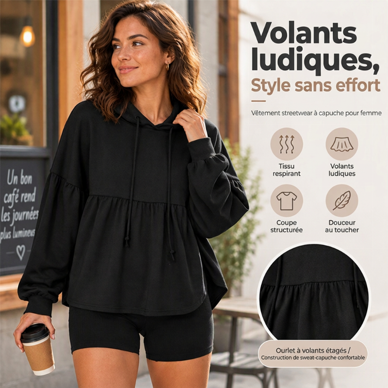 ✨ Sweat-shirt à capuche ample pour femme, avec ourlet volanté féminin 🧶