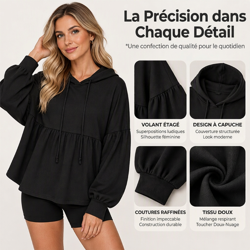 ✨ Sweat-shirt à capuche ample pour femme, avec ourlet volanté féminin 🧶