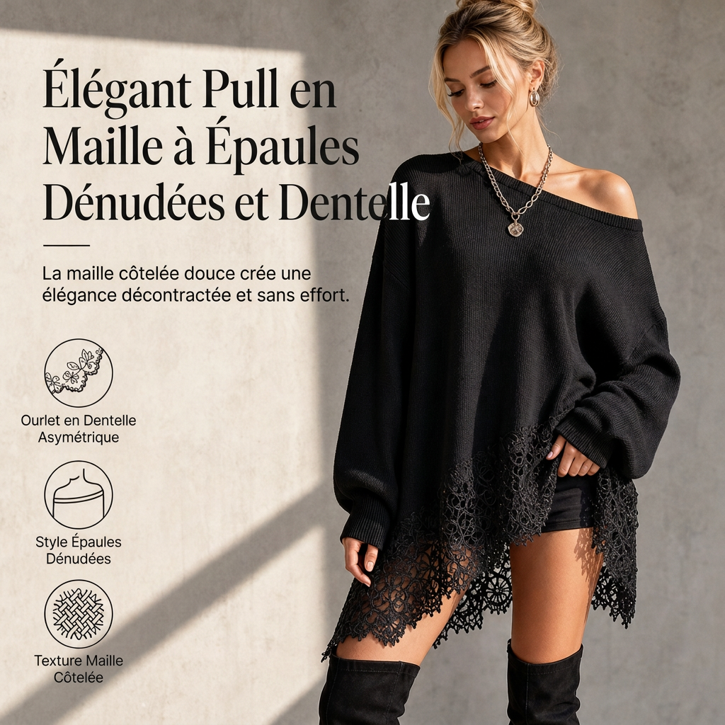 ✨ Robe pull oversize à épaules dénudées pour femme, bord asymétrique en dentelle florale 🤍