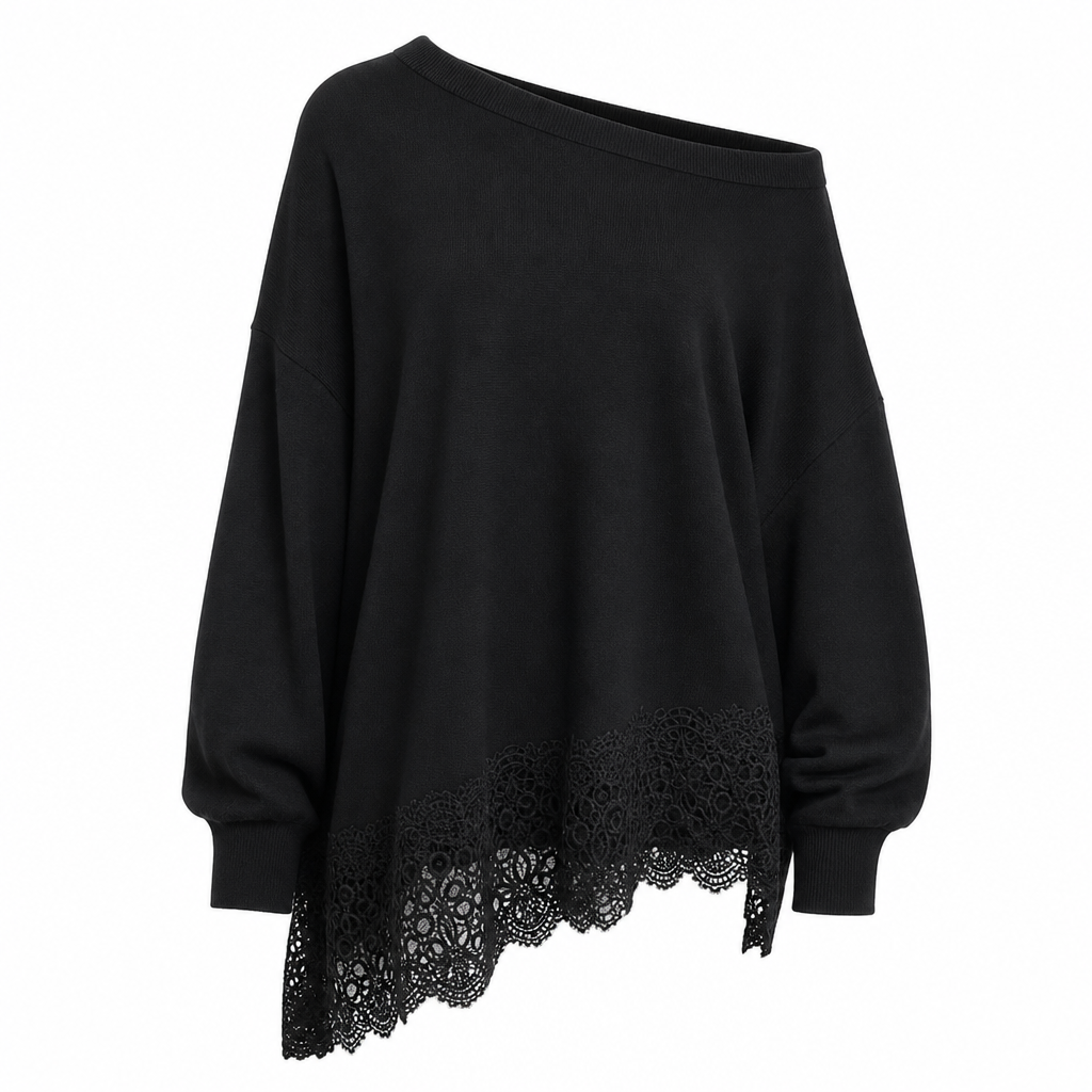 ✨ Robe pull oversize à épaules dénudées pour femme, bord asymétrique en dentelle florale 🤍