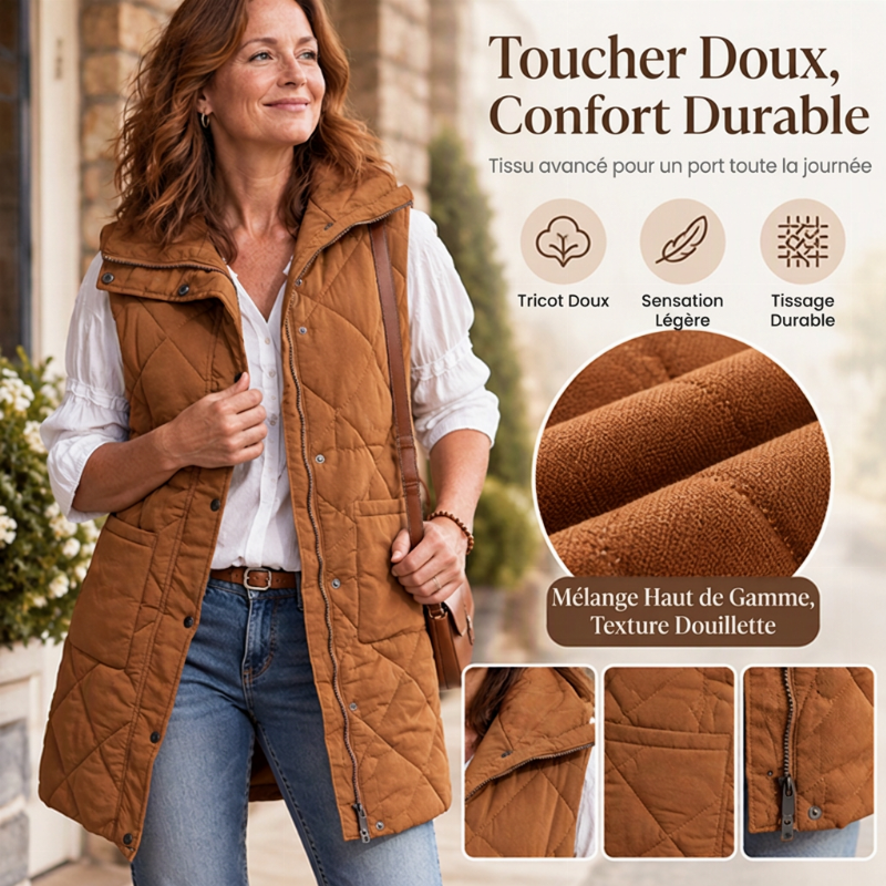 🧥 Gilet matelassé thermique mi-long pour femme, léger et bien chaud ❄️