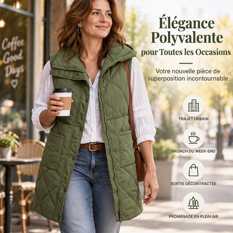🧥 Gilet matelassé thermique mi-long pour femme, léger et bien chaud ❄️
