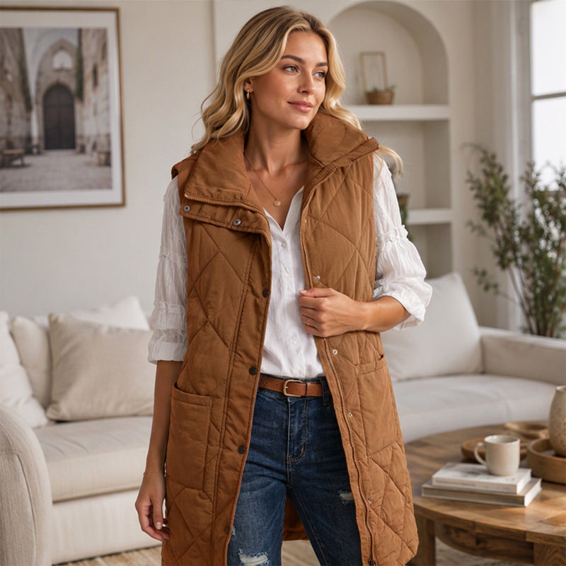 🧥 Gilet matelassé thermique mi-long pour femme, léger et bien chaud ❄️
