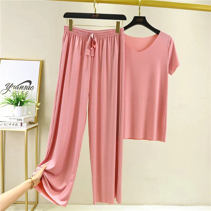 Soft Comfortable Ice Silk Short Sleeve T-Shirt Two Piece Set Loose Wide-leg Pants-8