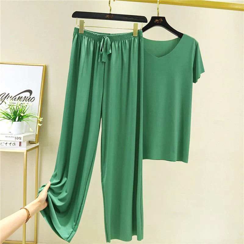 Soft Comfortable Ice Silk Short Sleeve T-Shirt Two Piece Set Loose Wide-leg Pants-12