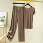 Soft Comfortable Ice Silk Short Sleeve T-Shirt Two Piece Set Loose Wide-leg Pants-11