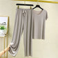 Soft Comfortable Ice Silk Short Sleeve T-Shirt Two Piece Set Loose Wide-leg Pants-10