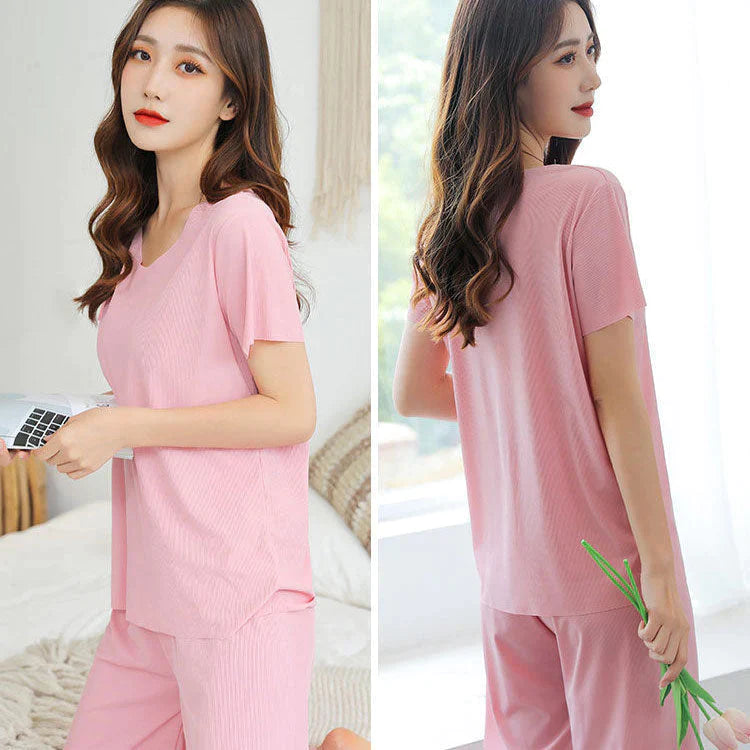 Soft Comfortable Ice Silk Short Sleeve T-Shirt Two Piece Set Loose Wide-leg Pants-4