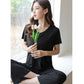 Soft Comfortable Ice Silk Short Sleeve T-Shirt Two Piece Set Loose Wide-leg Pants-6