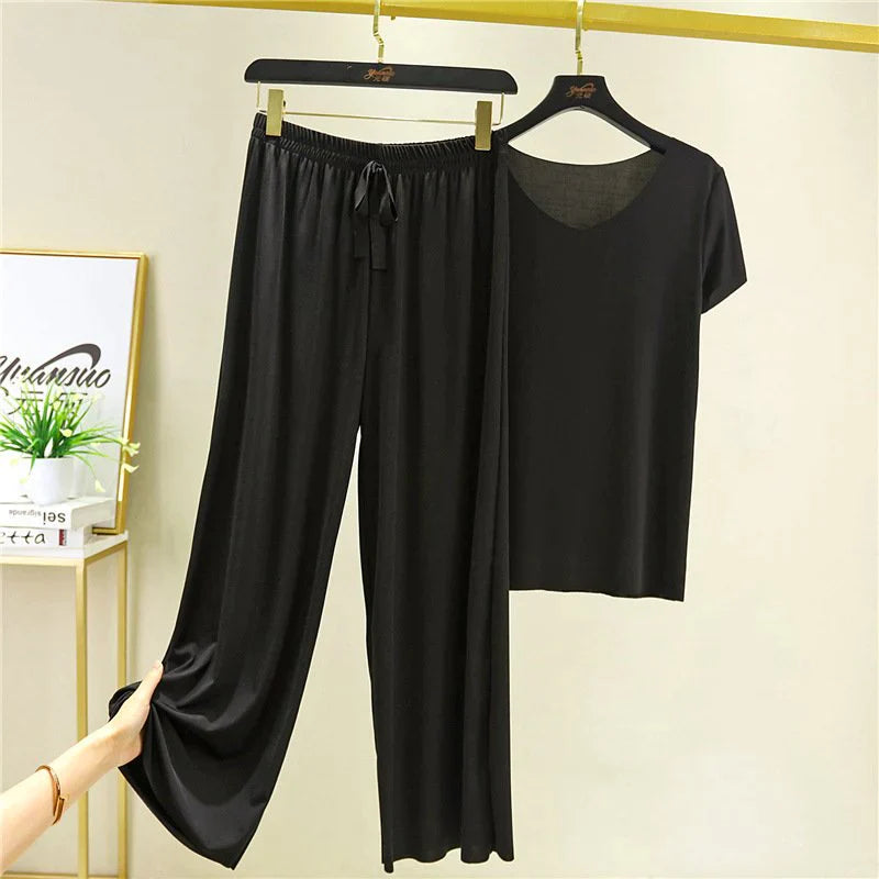 Soft Comfortable Ice Silk Short Sleeve T-Shirt Two Piece Set Loose Wide-leg Pants-9