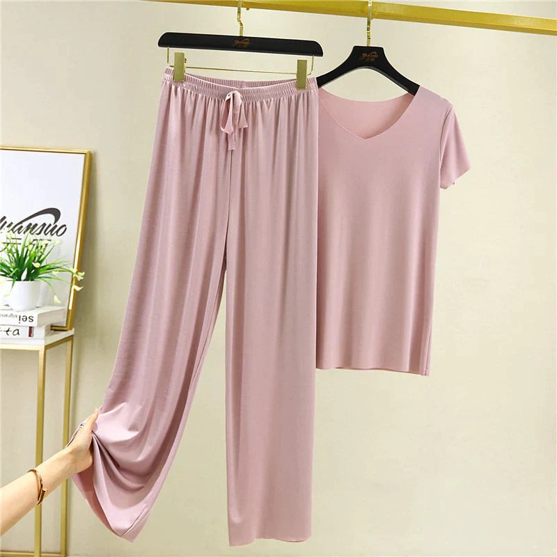 Soft Comfortable Ice Silk Short Sleeve T-Shirt Two Piece Set Loose Wide-leg Pants-7